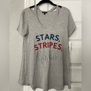 Gray V-Neck Graphic Tee with Stars and Stripes